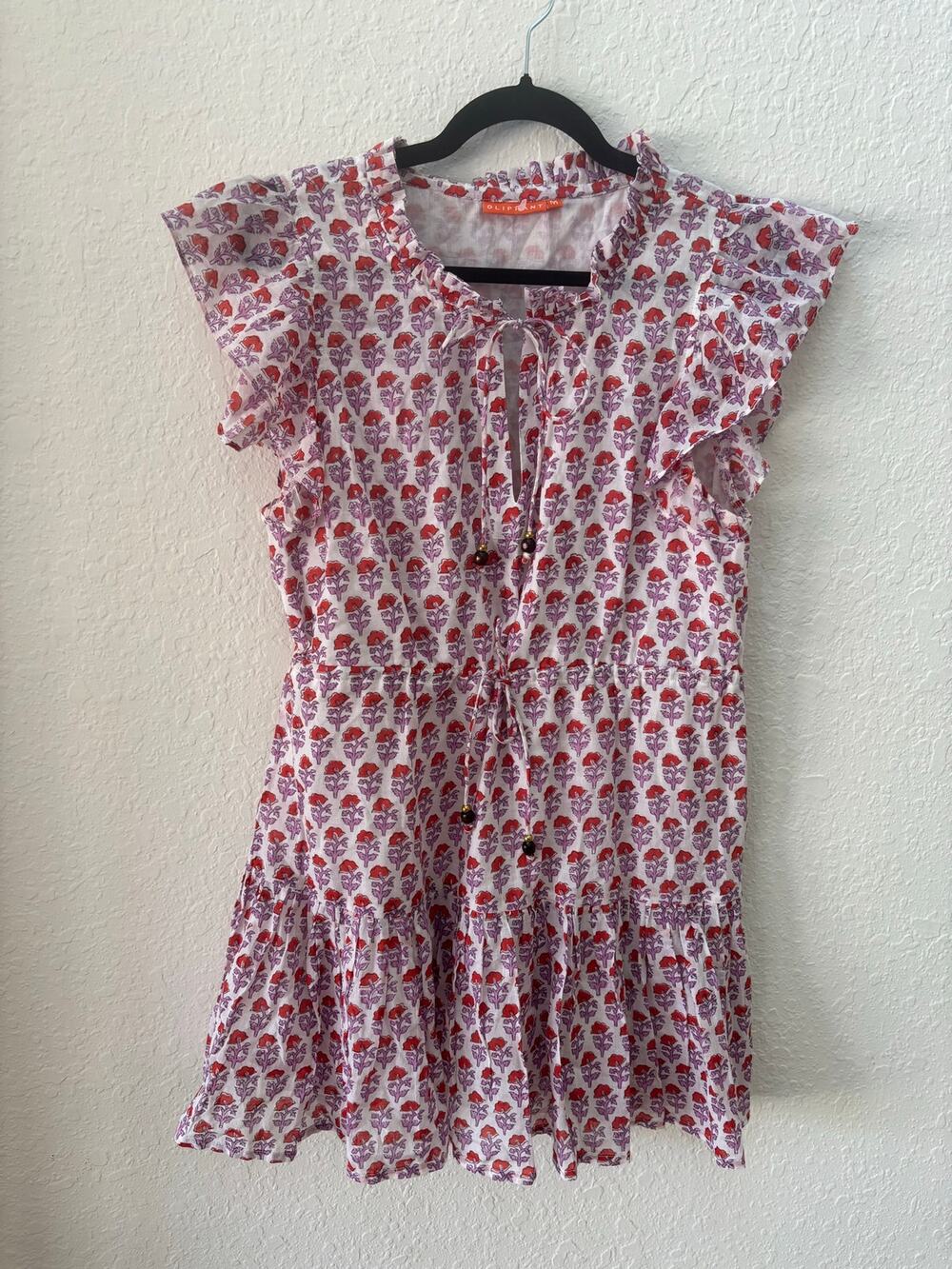 Oilphant Cinched Cottagecore Floral Medium $228 Mini Dress Tassel Summer Cotton